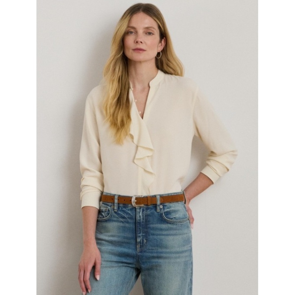 Lauren Ralph Lauren Black Label Ruffle-Trimmed Georgette Blouse PL NWT‎